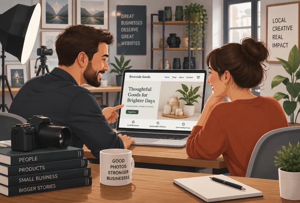 Illustration of a commercial photographer and small-business owner reviewing a business website together in a photography studio, with camera equipment and the site visible on a laptop.