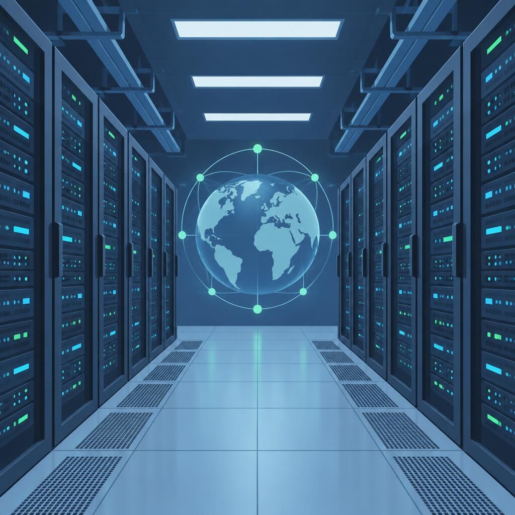 A softly colored 2D illustration of multiple server racks lining a data-centre aisle, with visible server units, small indicator lights, and clear perspective depth.